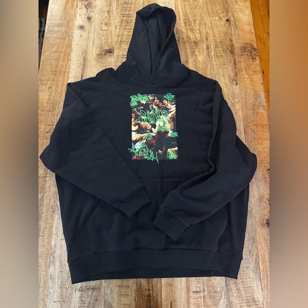 ASOS design 100% cotton Black Hoodie sweatshirt with Green graffiti Graphic XXL